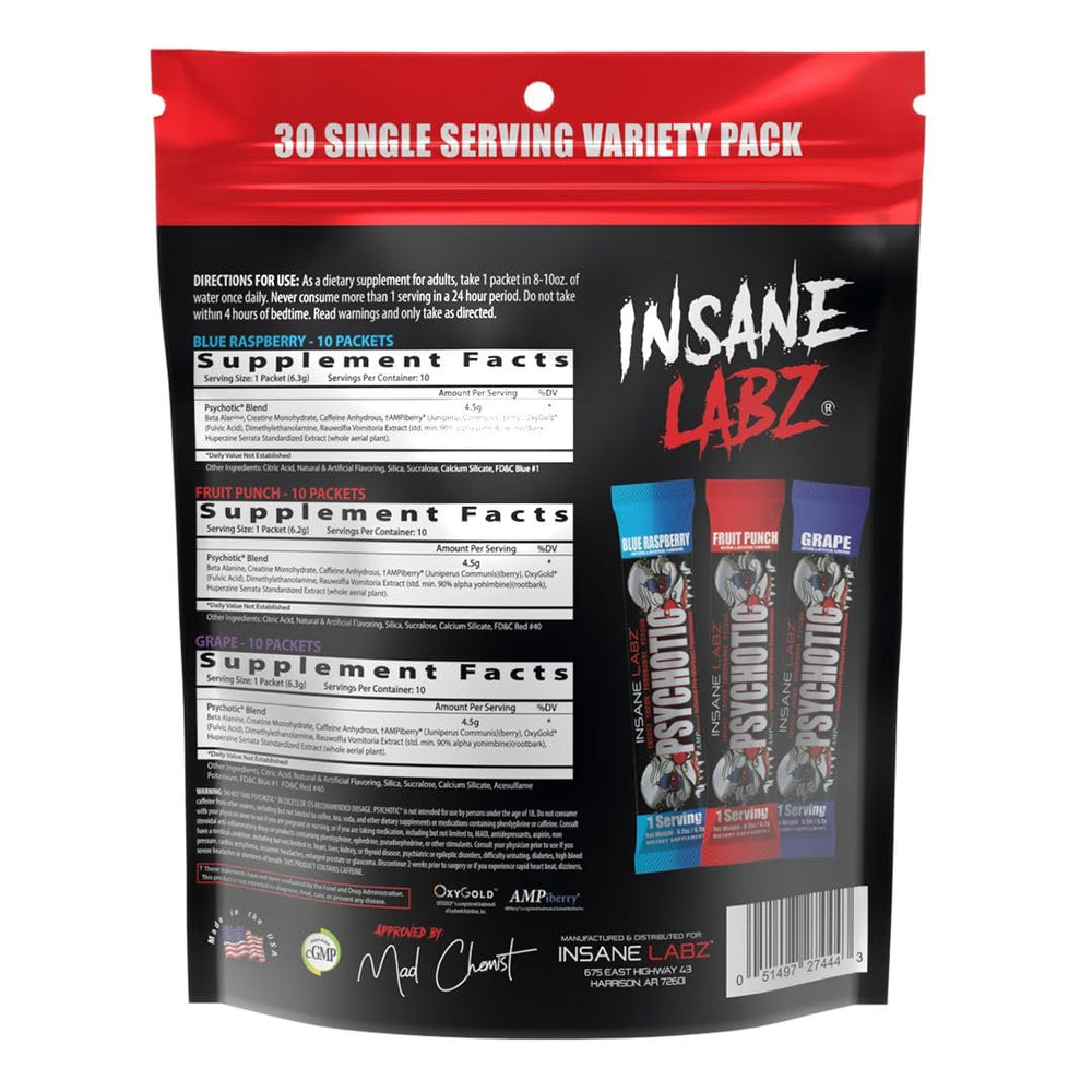 Insane Labz Psychotic powder label closeup highlighting ingredients for sustained focus