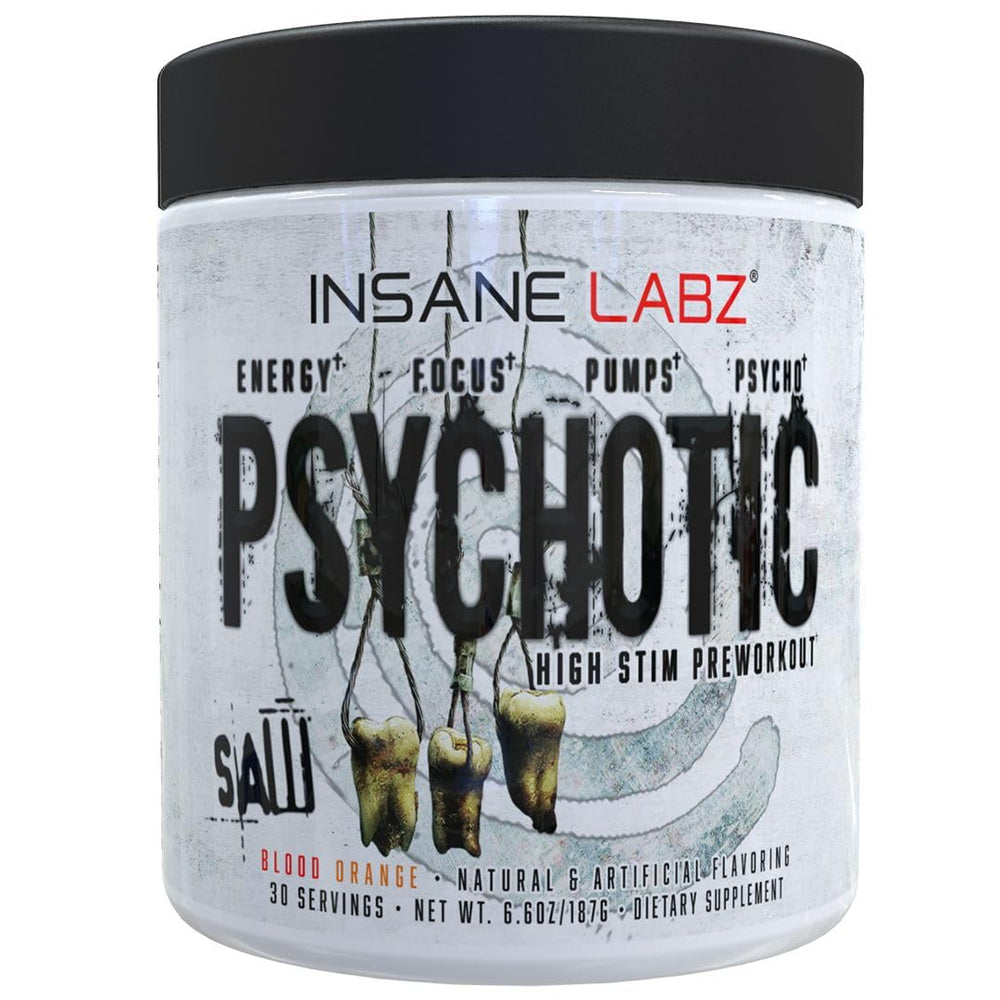 Insane Labz Psychotic Saw Blood Orange tub for a high-energy pre workout boost