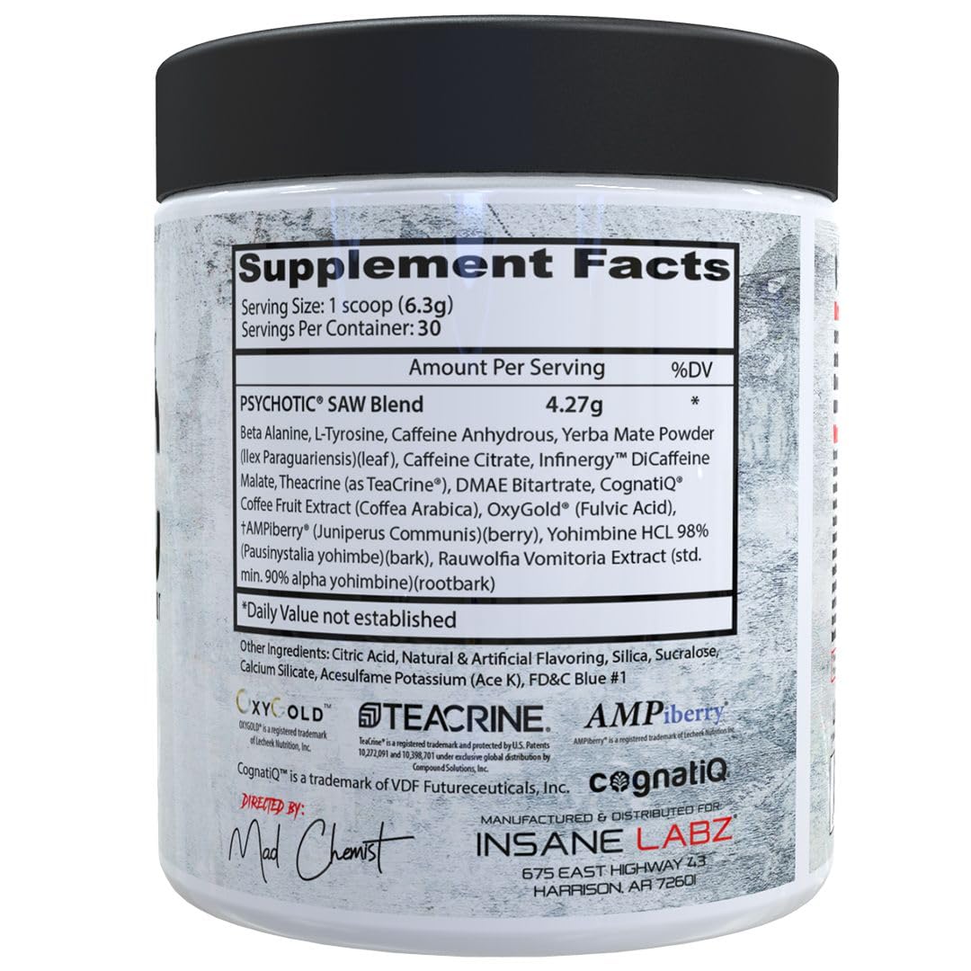 Insane Labz Psychotic SAW blood orange flavor for powerful stamina and alertness.