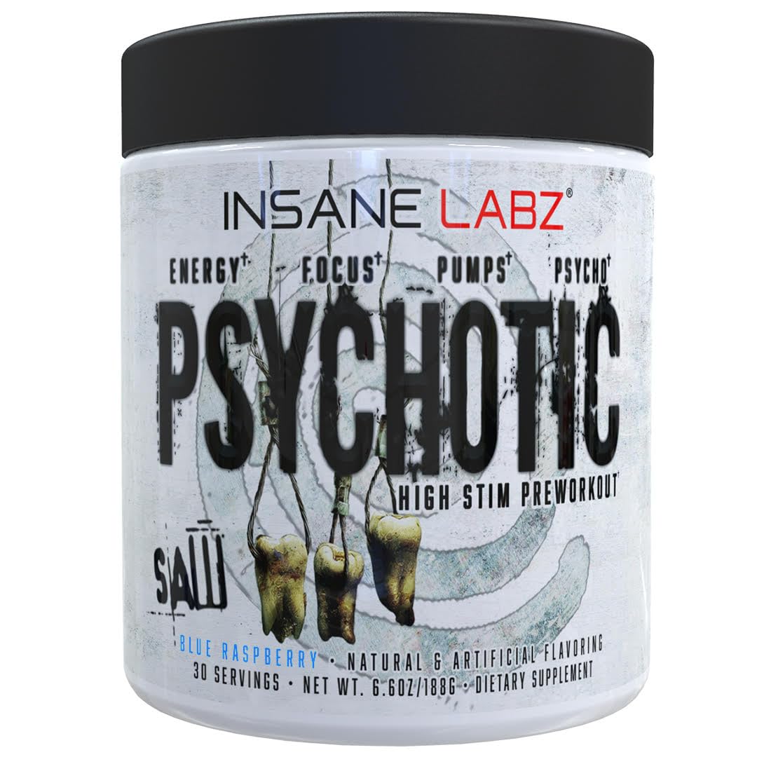 Insane Labz Psychotic SAW blue raspberry flavor for intense energy and focus during workouts.