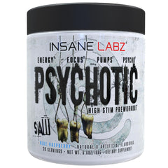 Insane Labz Psychotic SAW blue raspberry flavor for intense energy and focus during workouts.