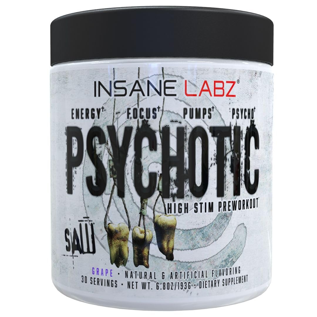 Insane Labz Psychotic SAW bottle front ready for energetic pre-workouts.