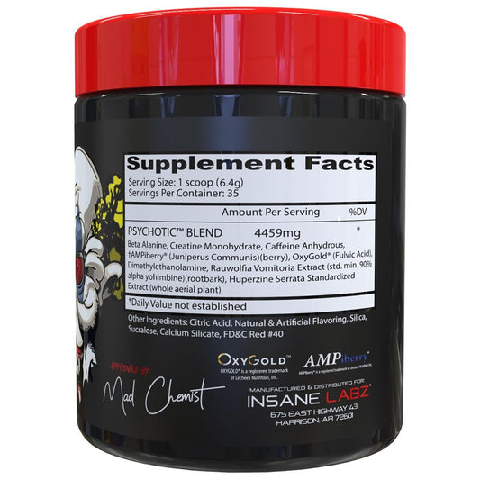 Insane Labz Psychotic scoop close-up illustrating precise serving for sustained training sessions.
