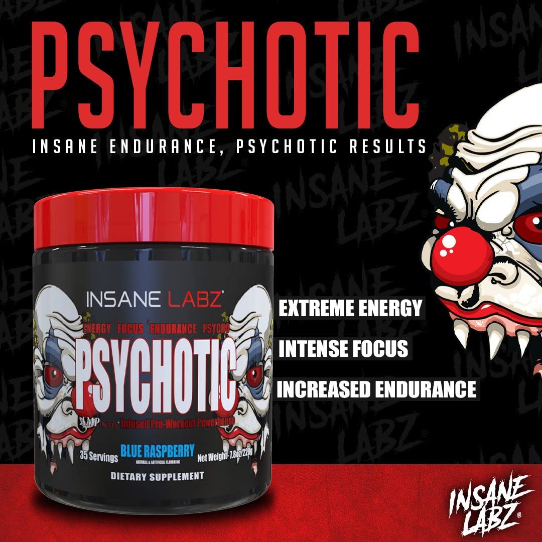 Insane Labz Psychotic scoop dispensing into shaker illustrates quick mix and on-the-go energy
