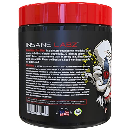 Insane Labz Psychotic scoop with powder labeled for long-lasting energy and focus.