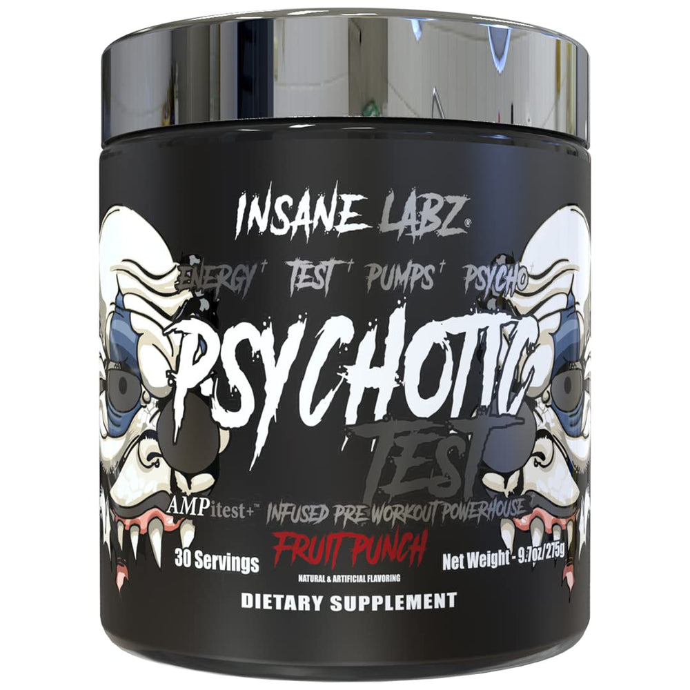 Insane Labz Psychotic Test front label shows high-stim energy for intense workouts.