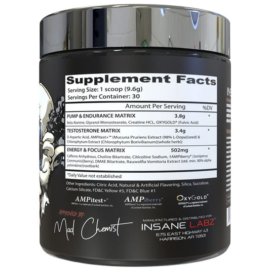 Insane Labz Psychotic Test label close-up showing energy-boosting ingredients.