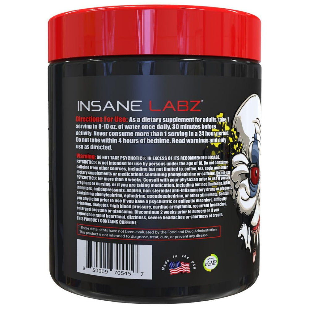Insane Labz Psychotic strawberry lemonade tub with label hints at long-lasting focus and vigor.