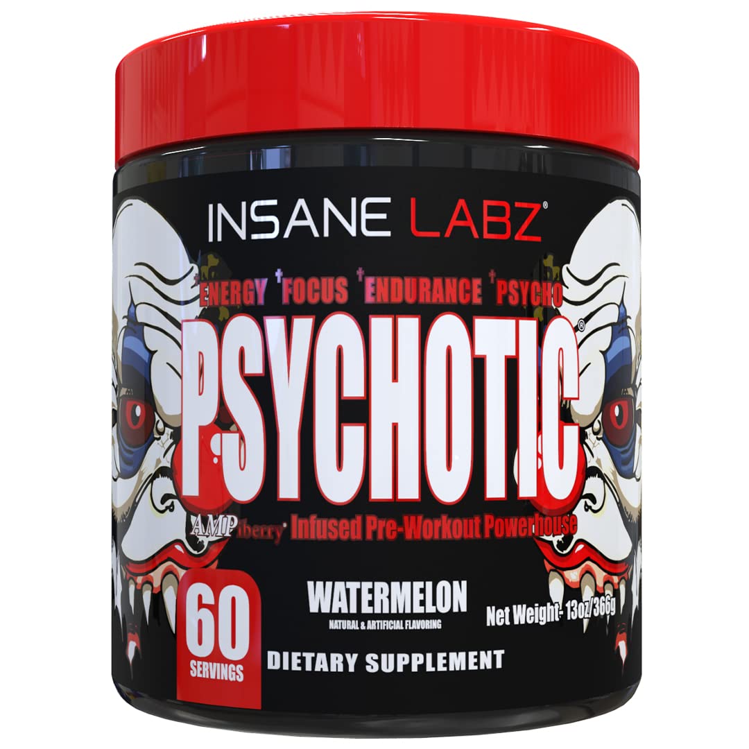 Insane Labz Psychotic tub with bold packaging indicating a high-energy pre-workout.
