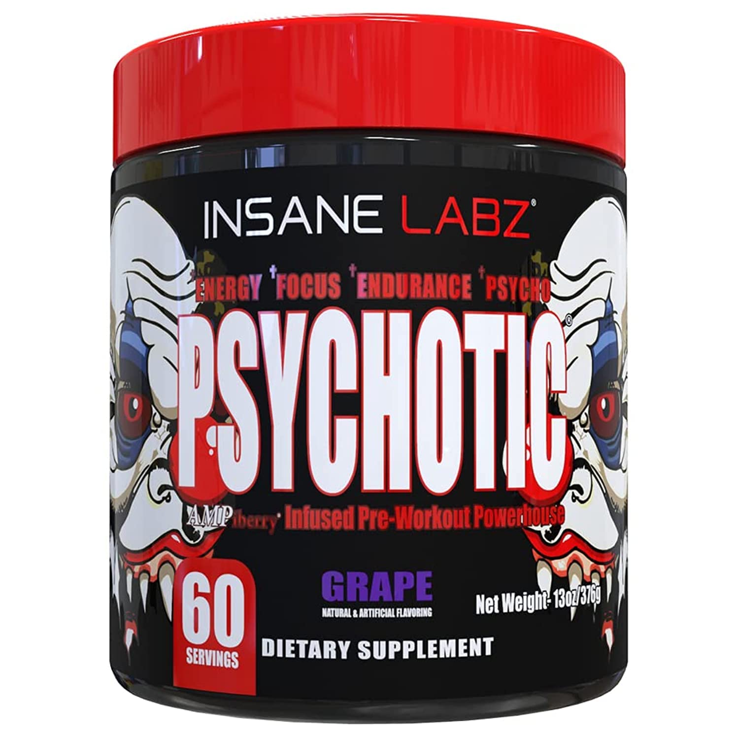 Insane Labz Psychotic tub showing high-stimulant pre-workout formula for intense workouts.
