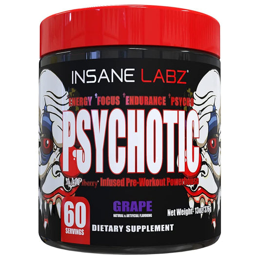 Insane Labz Psychotic tub showing high-stimulant pre-workout formula for intense workouts.