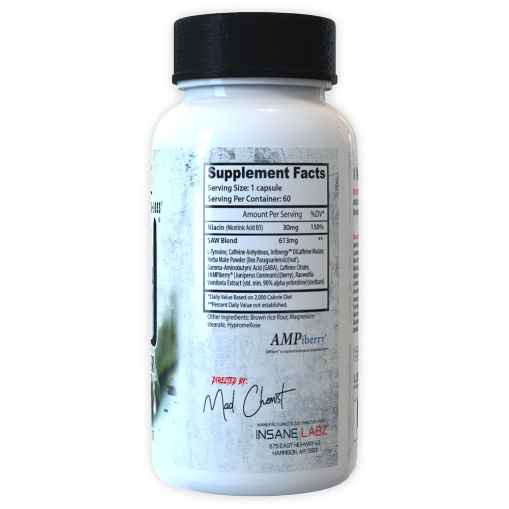 Insane Labz Saw capsules close-up emphasizing convenient daily dosage for appetite control