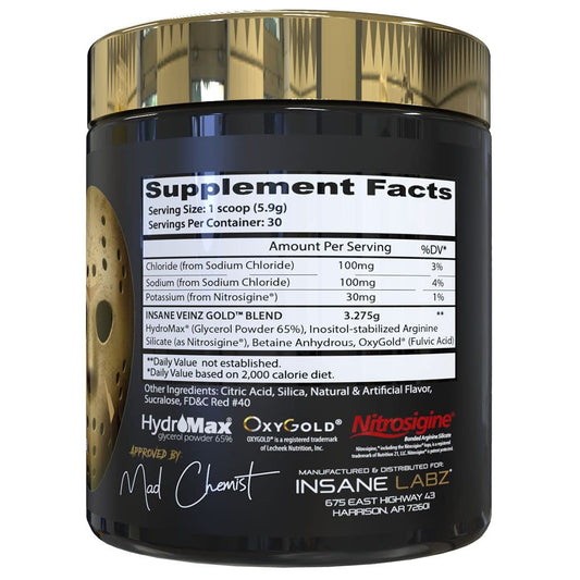 Close-up of Veinz Gold label showing Hydromax and Nitrosigine for nitric oxide.