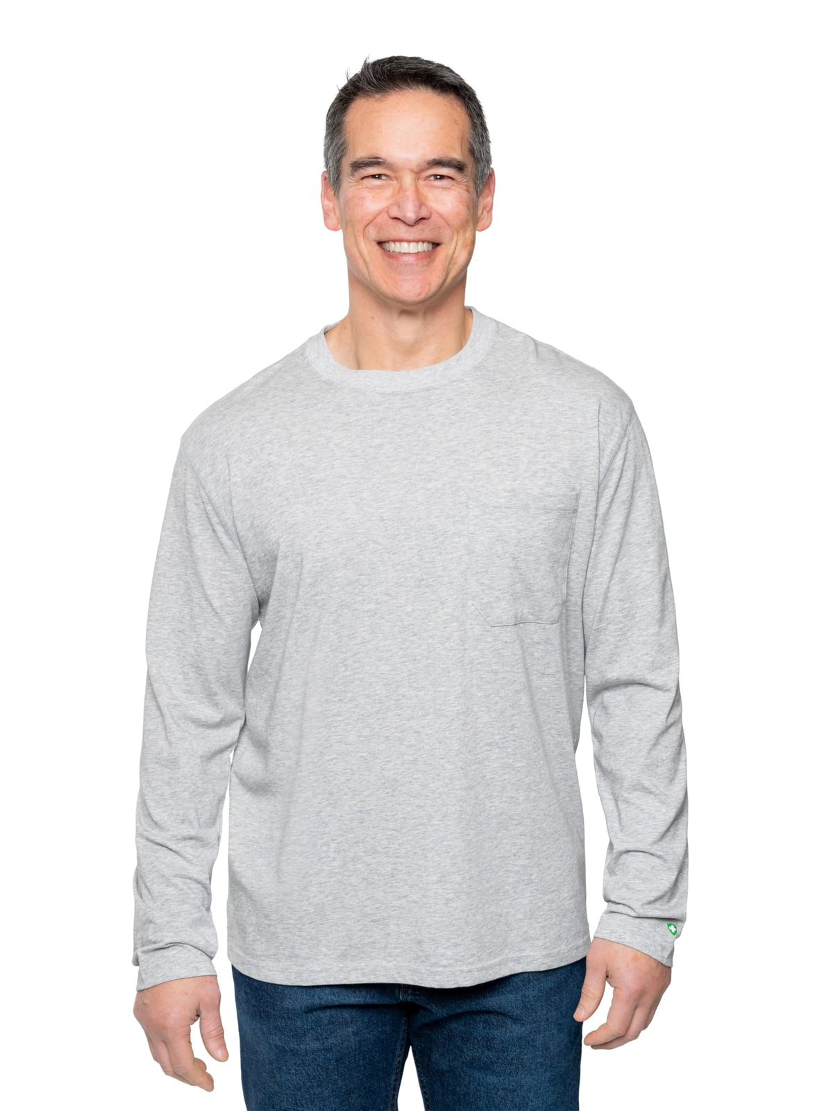 Insect Shield men's UPF wicking long sleeve tee front view with pocket for outdoors