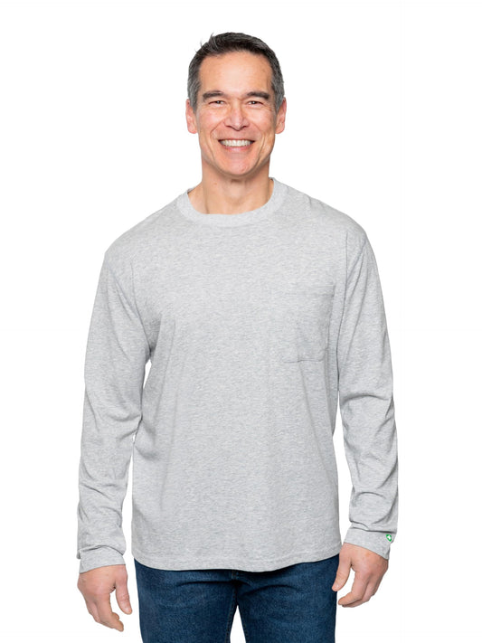 Insect Shield men's UPF wicking long sleeve tee front view with pocket for outdoors
