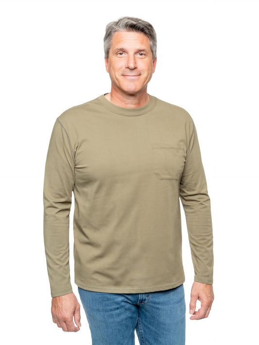 Insect Shield men's UPF long sleeve shirt on model, showcasing outdoor protection while active