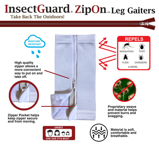 Close-up of permethrin-treated label on InsectGuard gaiters showing odorless protection.