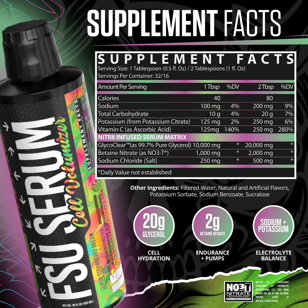 Inspired Nutraceuticals FSU Serum label close-up with non-stim formula details.