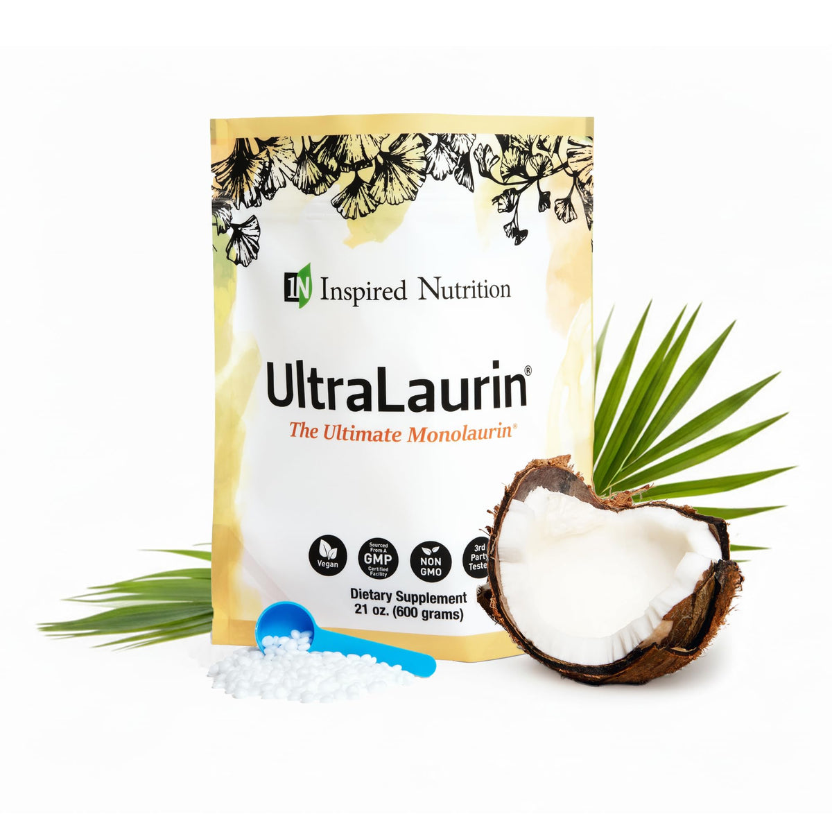 Inspired Nutrition UltraLaurin bottle front showing coconut-derived pellets for immune and digestive support.