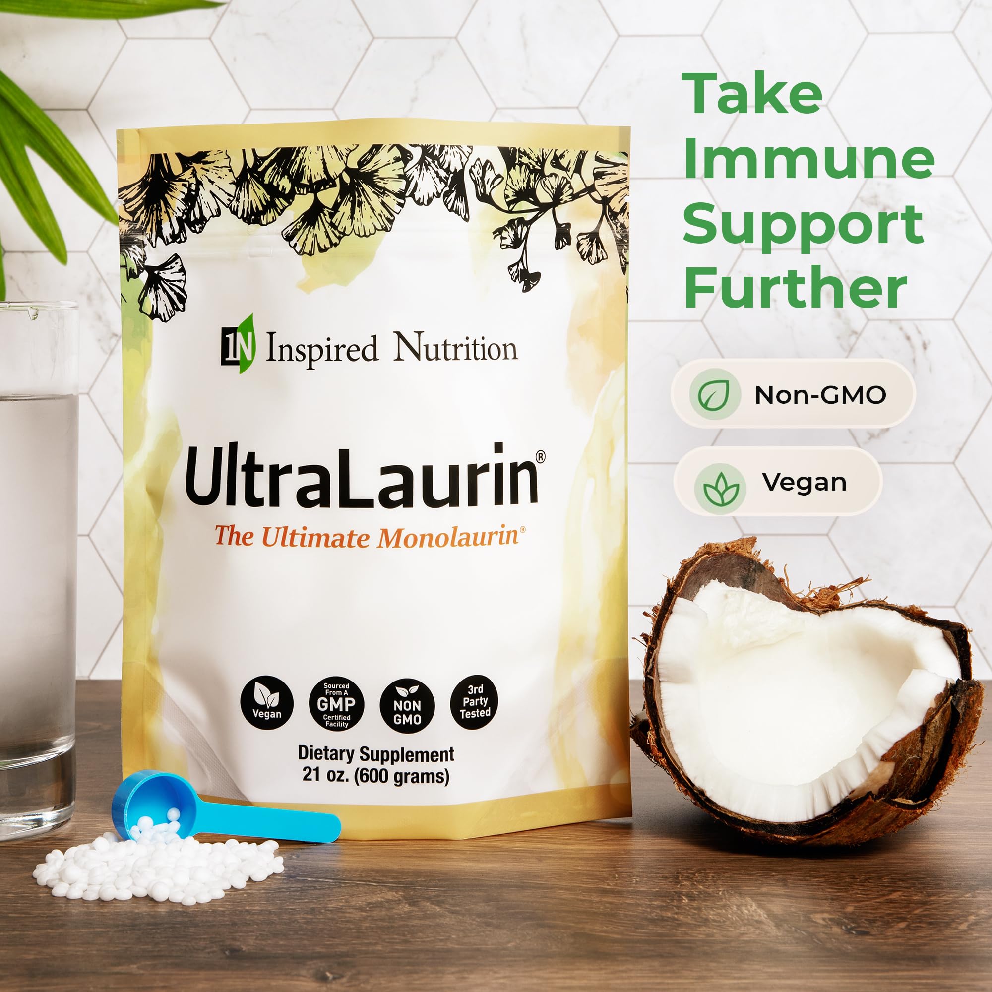 Daily-use bottle of UltraLaurin on kitchen counter for adult wellness.