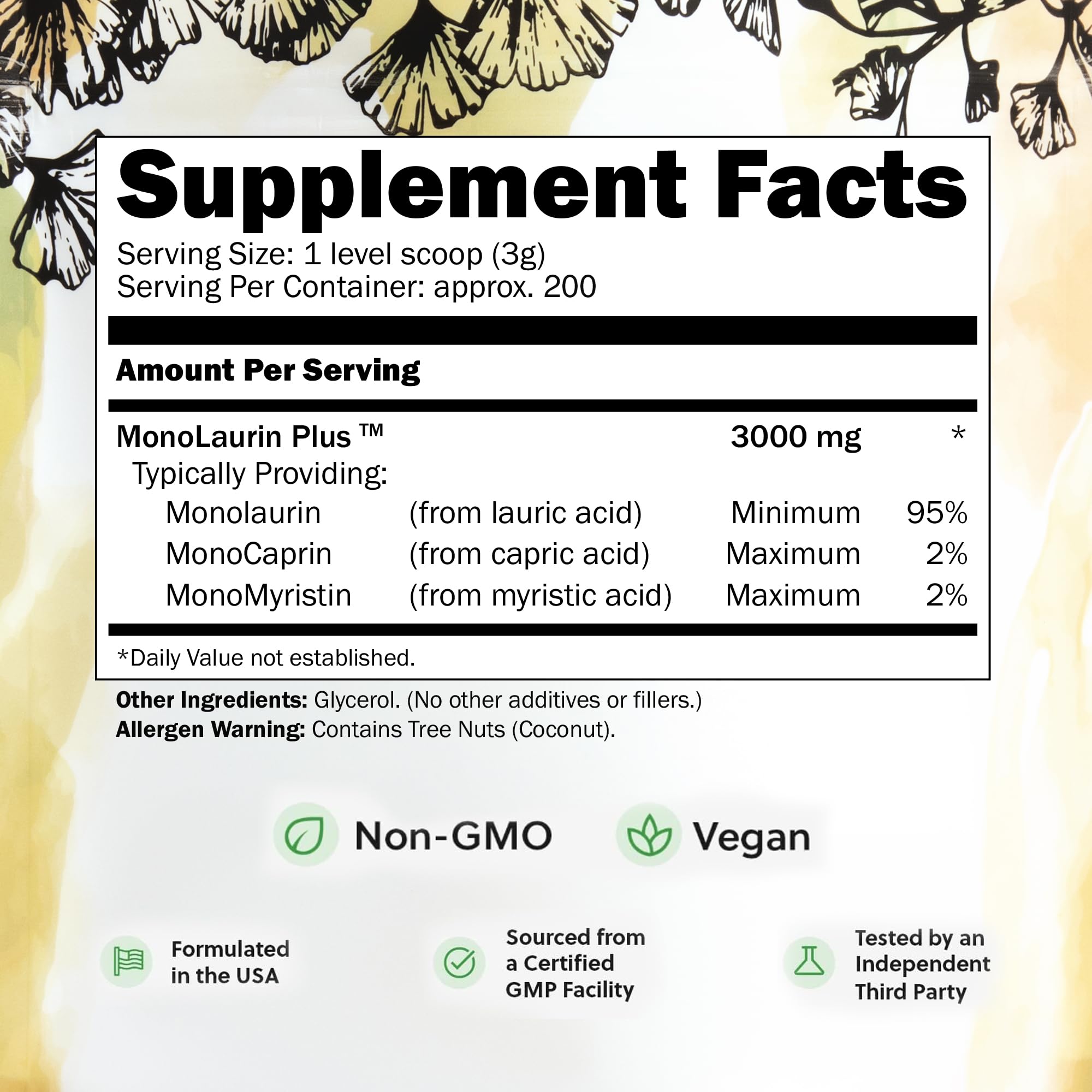 UltraLaurin pellets close-up highlighting the coconut-derived formula for gut balance.