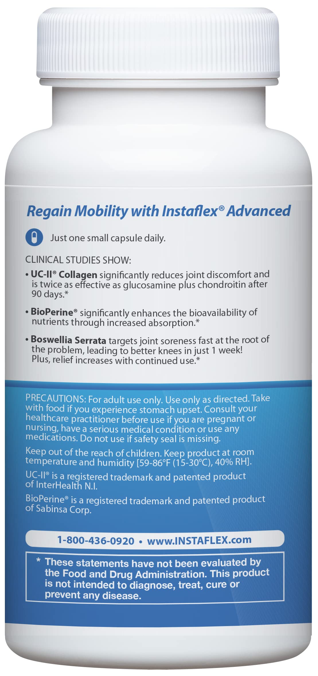Instaflex Advanced label close-up highlights collagen and ApresFlex for mobility