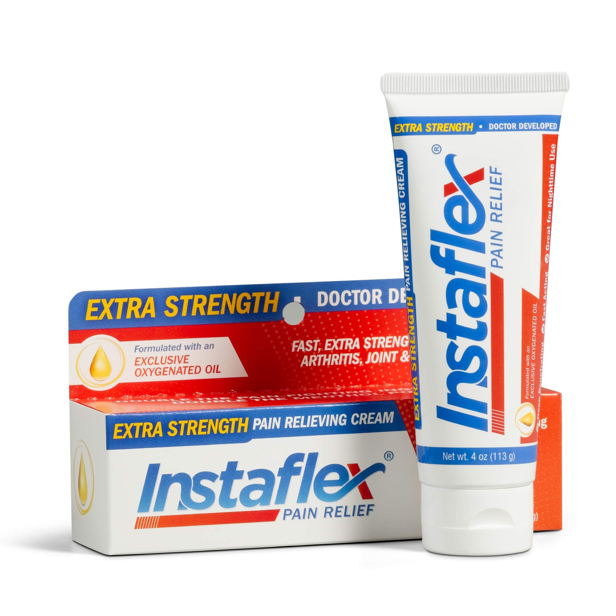 Instaflex Extra Strength Pain Relief Cream bottle pour suggests quick relief potential.