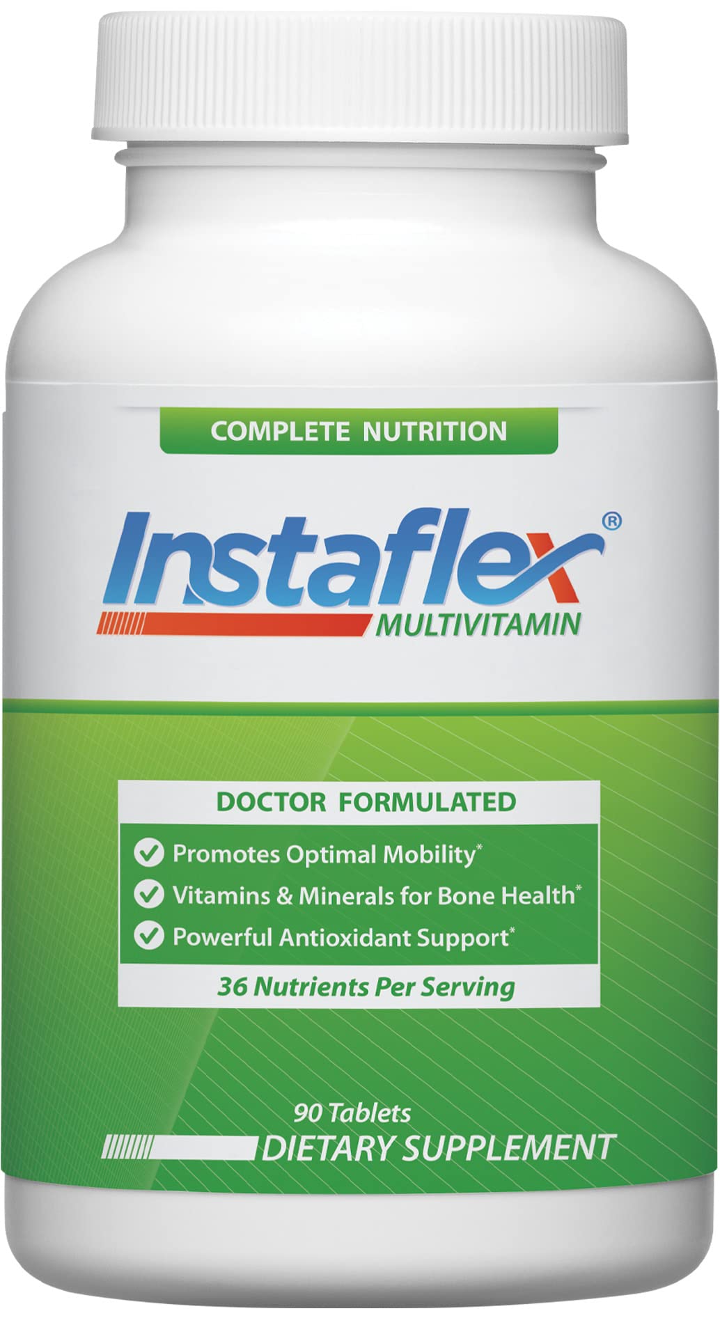 Instaflex Multivitamin bottle front showing 90 tablets for daily joint support.
