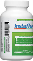 Instaflex Multivitamin ingredients panel highlights flaxseed, olive leaf, and turmeric.