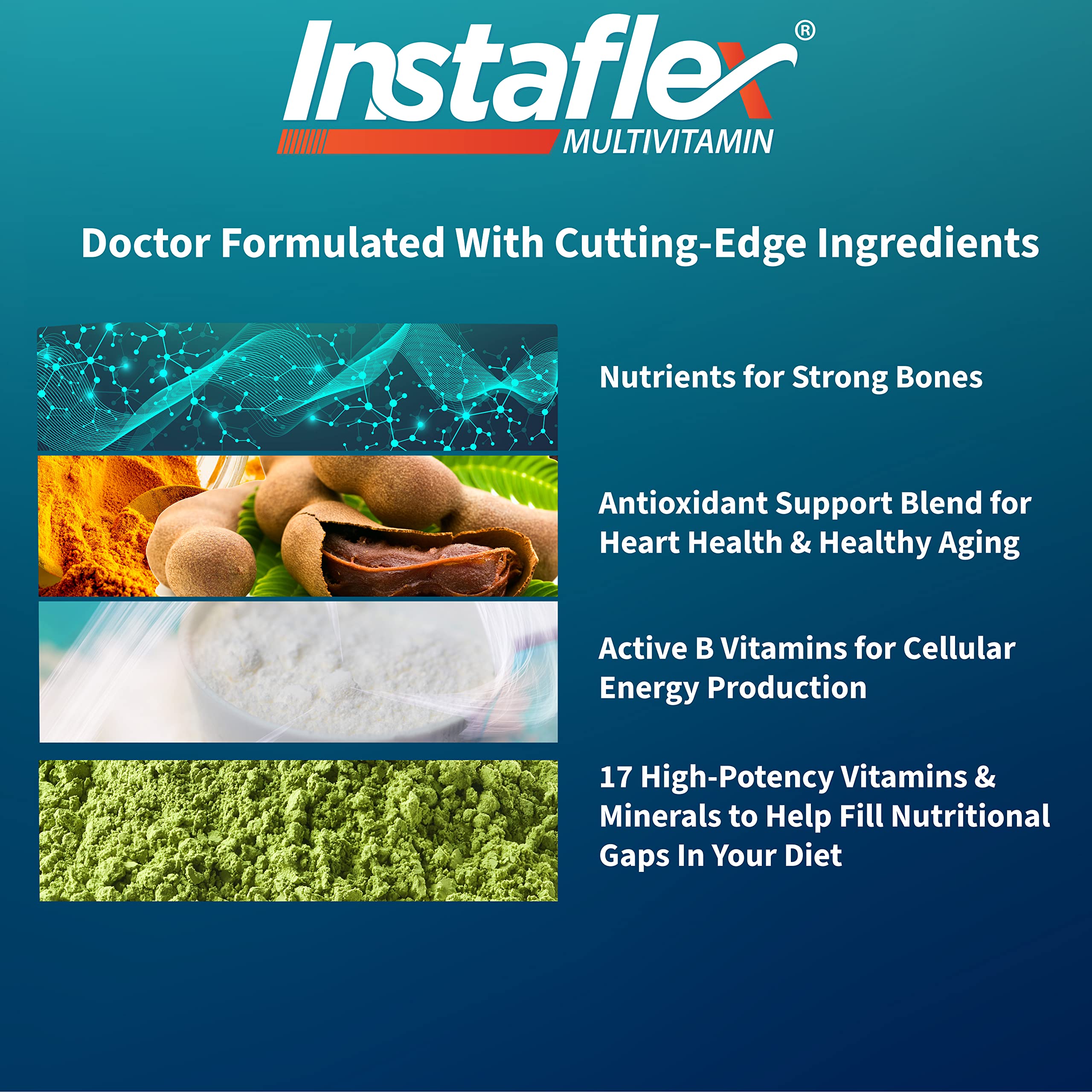 Instaflex Multivitamin nutrition label highlights 36 nutrients for bone and energy support.