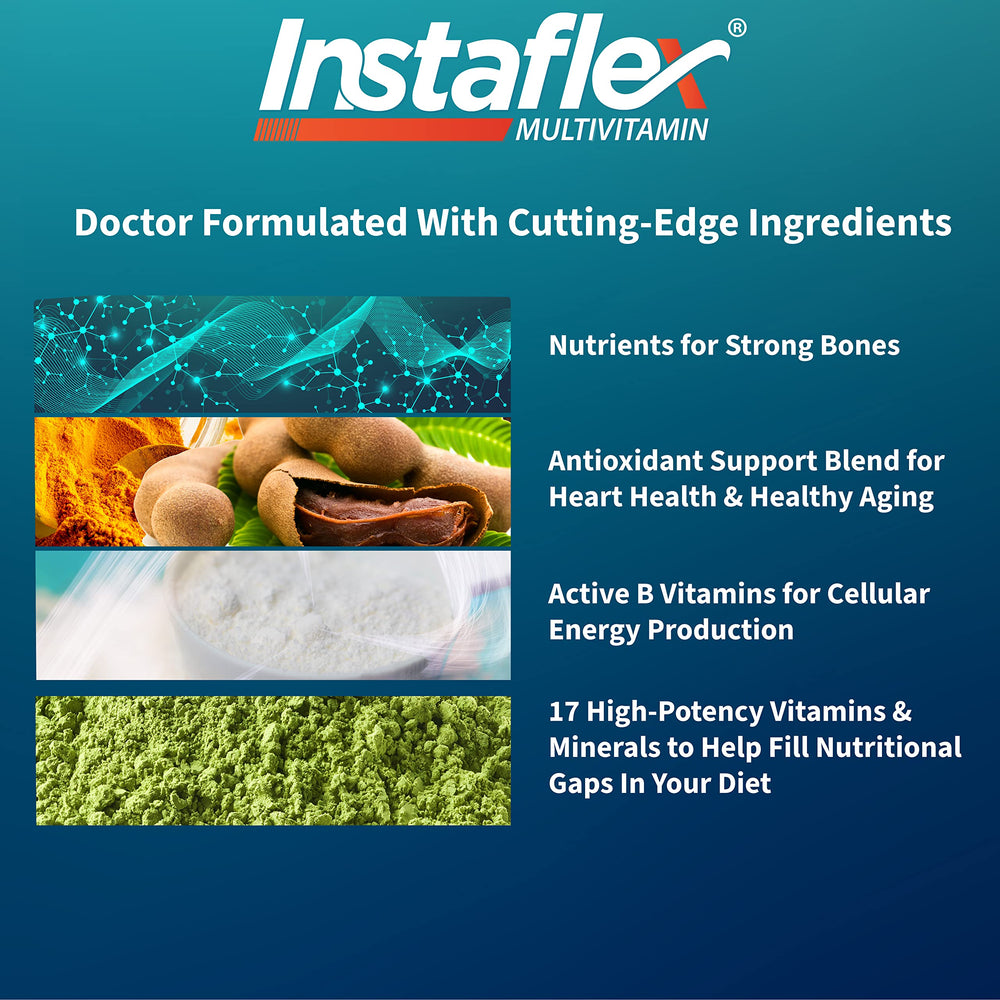 Instaflex Multivitamin nutrition label highlights 36 nutrients for bone and energy support.