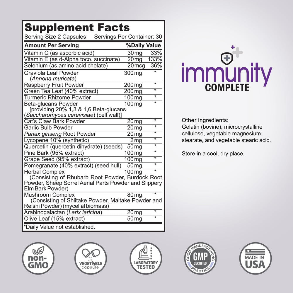 Close-up of Immunity Complete label and 60-count bottle emphasizing quality and trust
