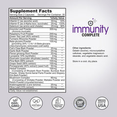 Close-up of Immunity Complete label and 60-count bottle emphasizing quality and trust