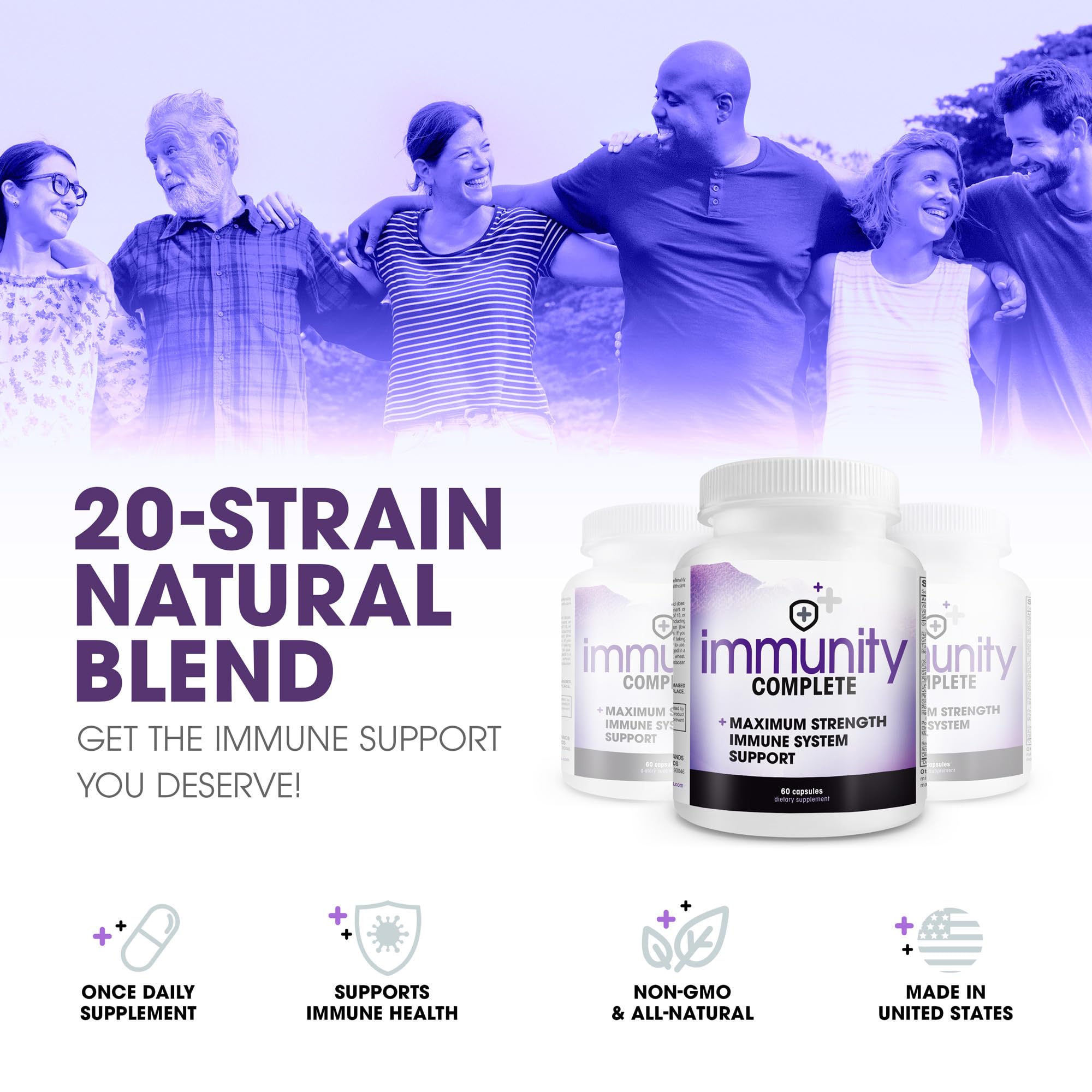 Immunity Complete scoop image highlighting a 20-in-1 blend for comprehensive wellness