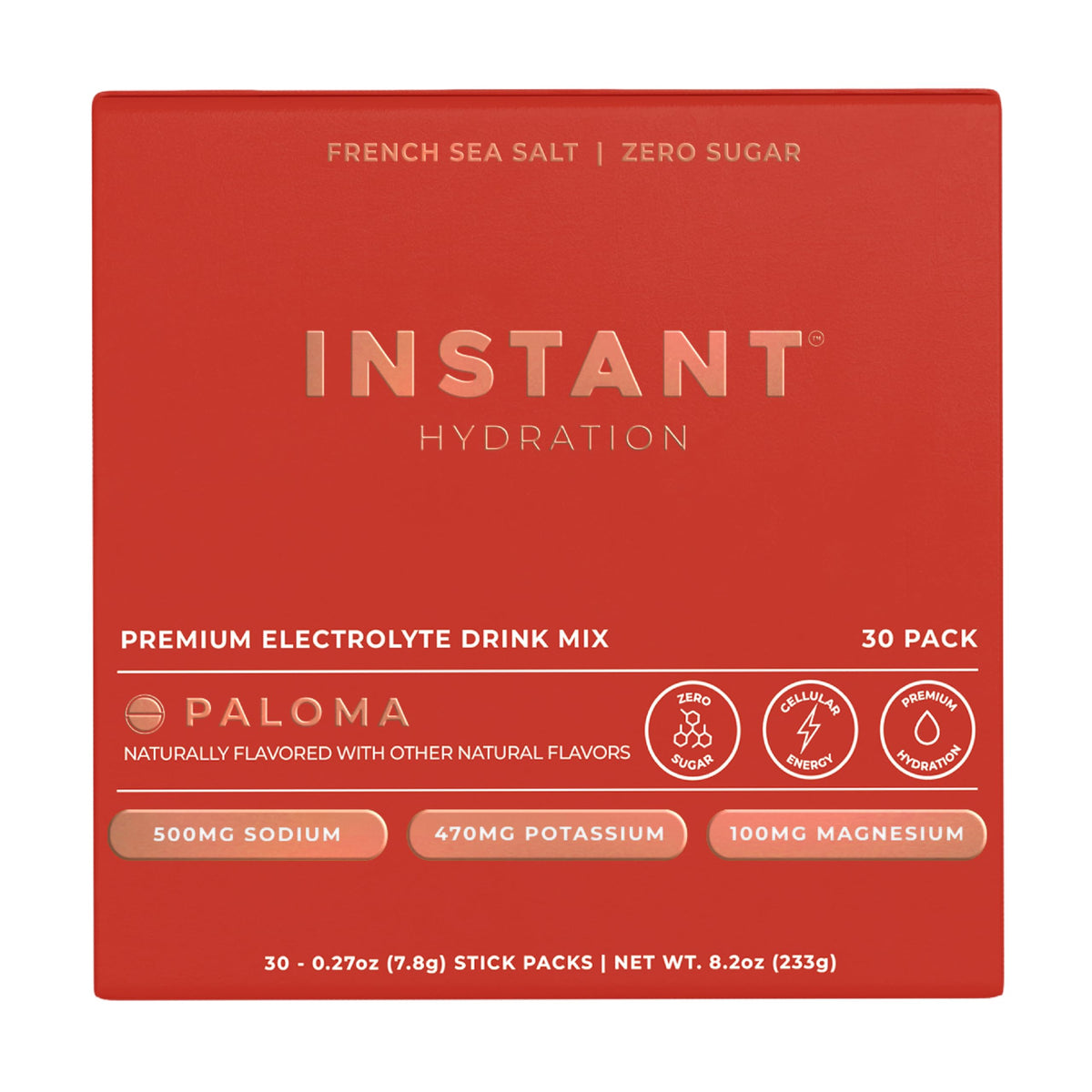 Instant Hydration Paloma powder packet ready for mix, delivering refreshing electrolytes.