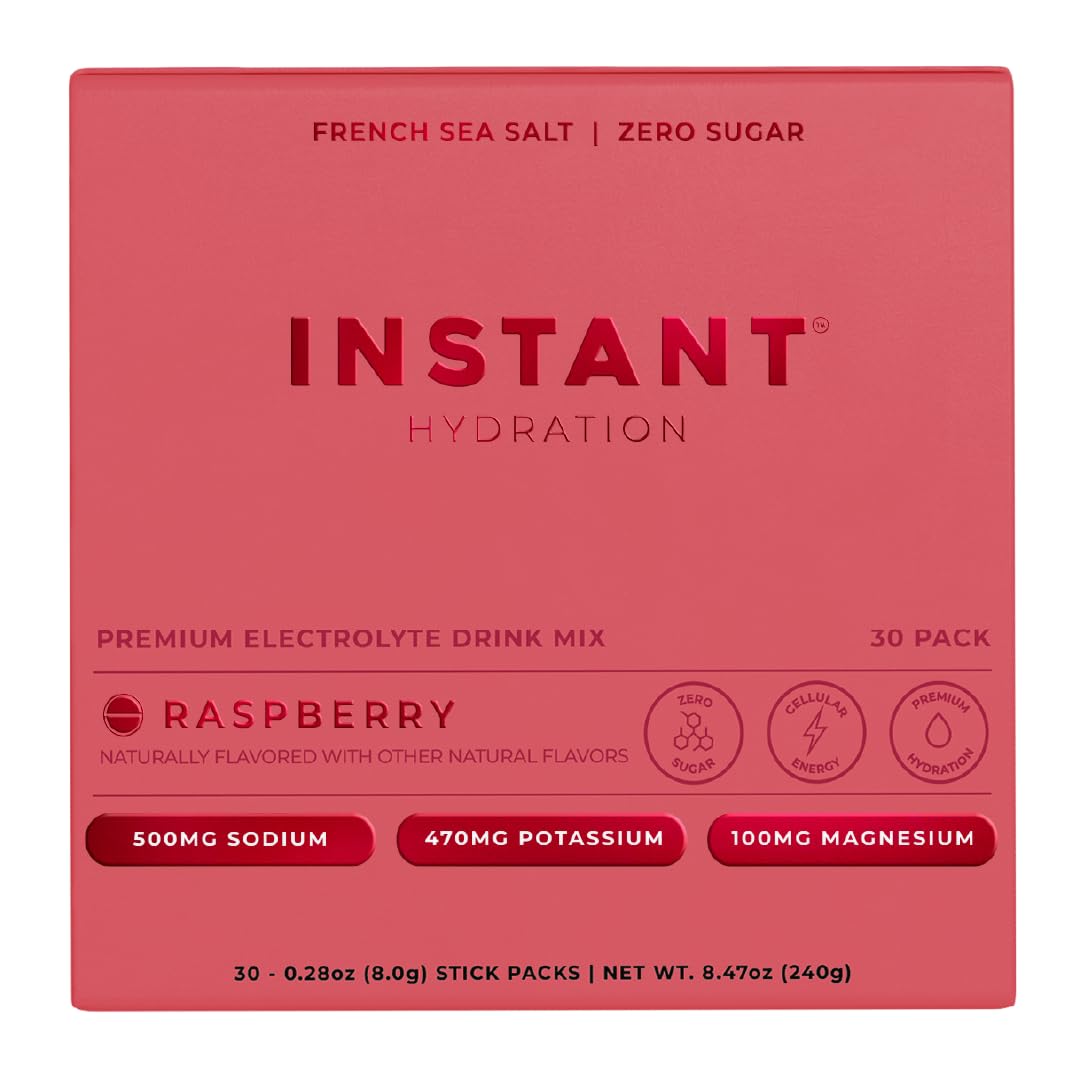 Instant Hydration Raspberry flavor packet close-up showing powder texture for hydration