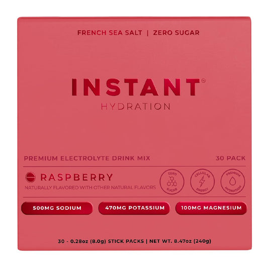 Instant Hydration Raspberry flavor packet close-up showing powder texture for hydration