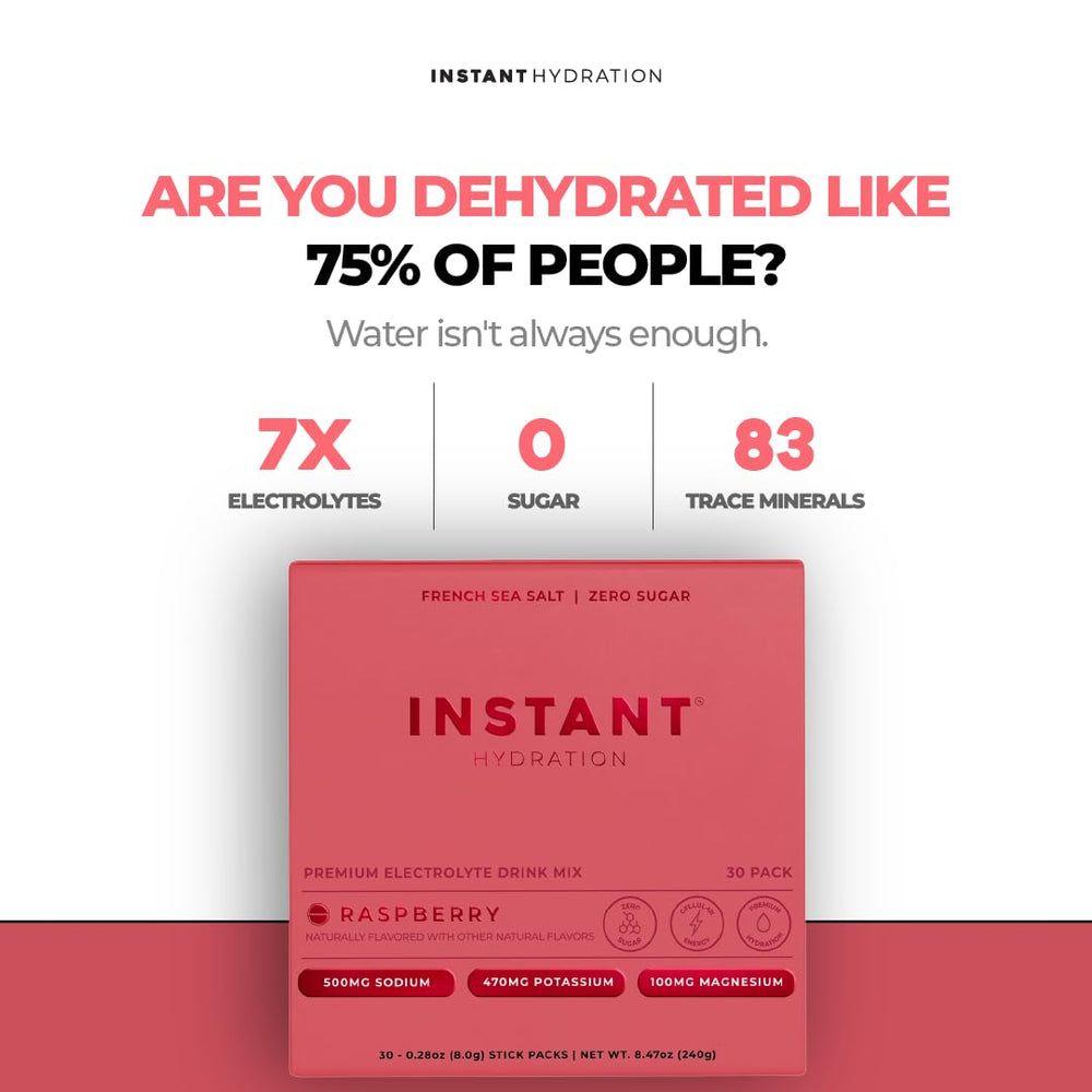 Instant Hydration raspberry packet close-up ready to pour for quick hydration