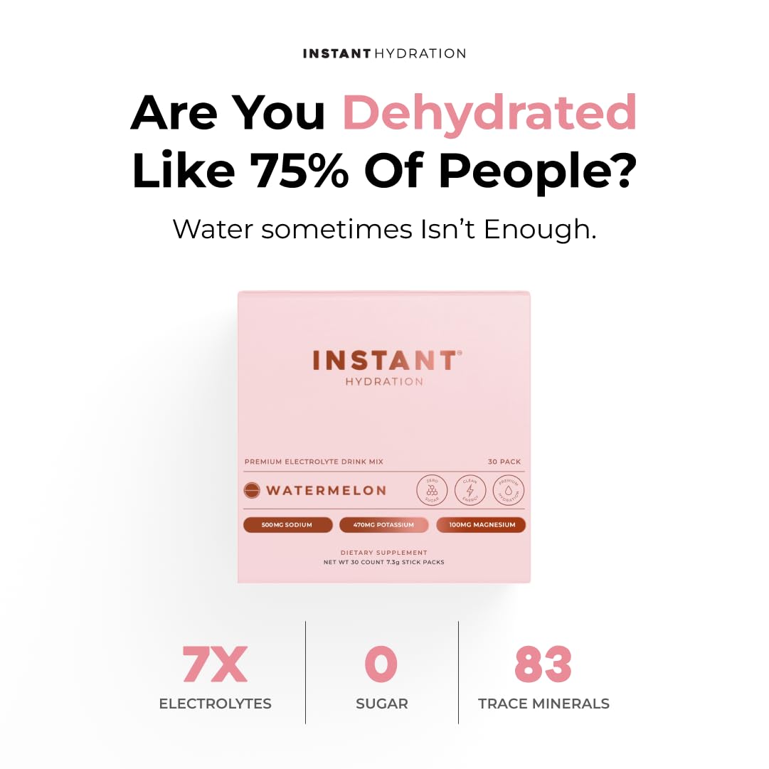 Instant Hydration watermelon electrolytes packets close-up label highlighting high electrolyte content.