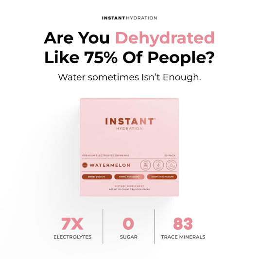 Instant Hydration watermelon electrolytes packets close-up label highlighting high electrolyte content.
