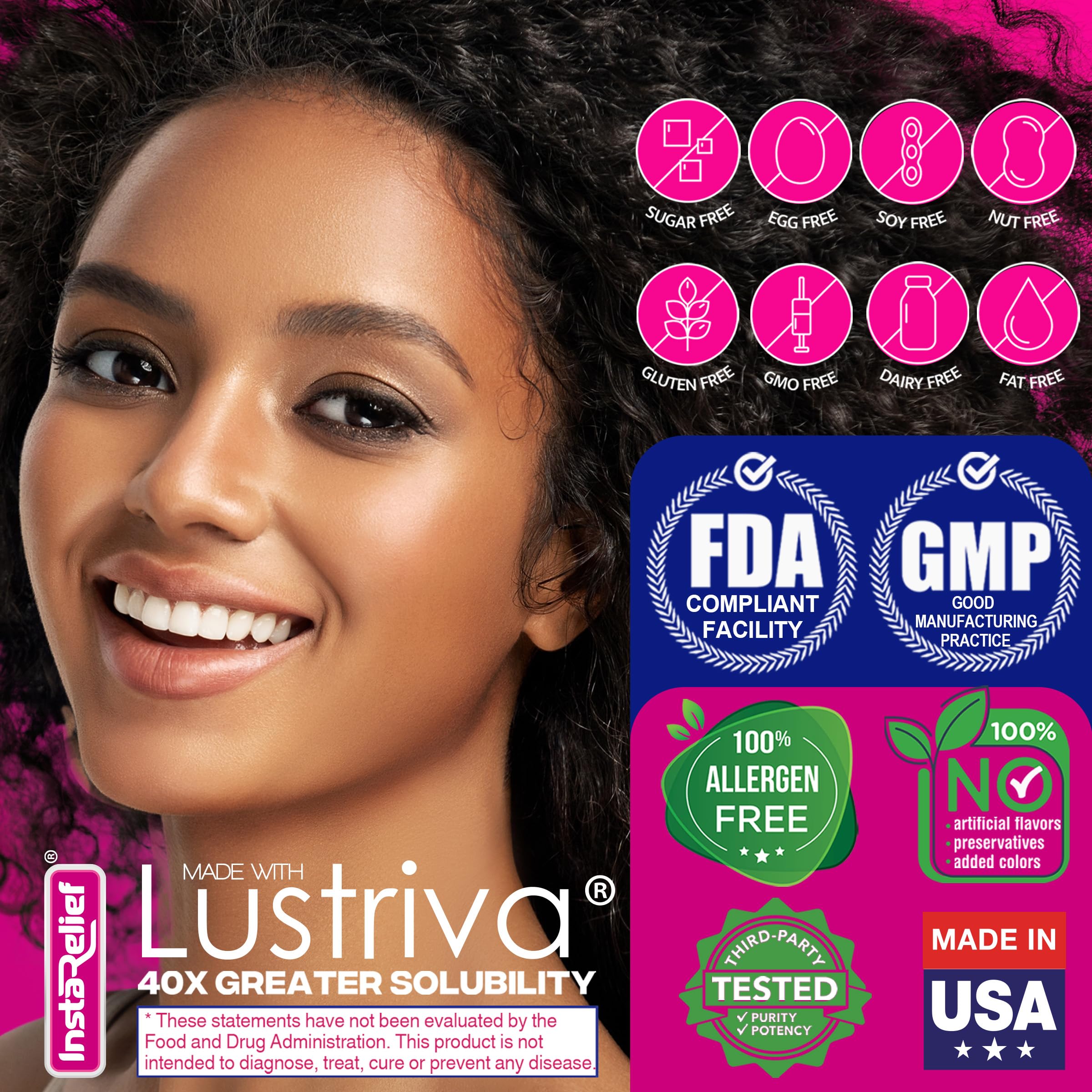 InstaRelief vegan, allergen-free icons indicate purity