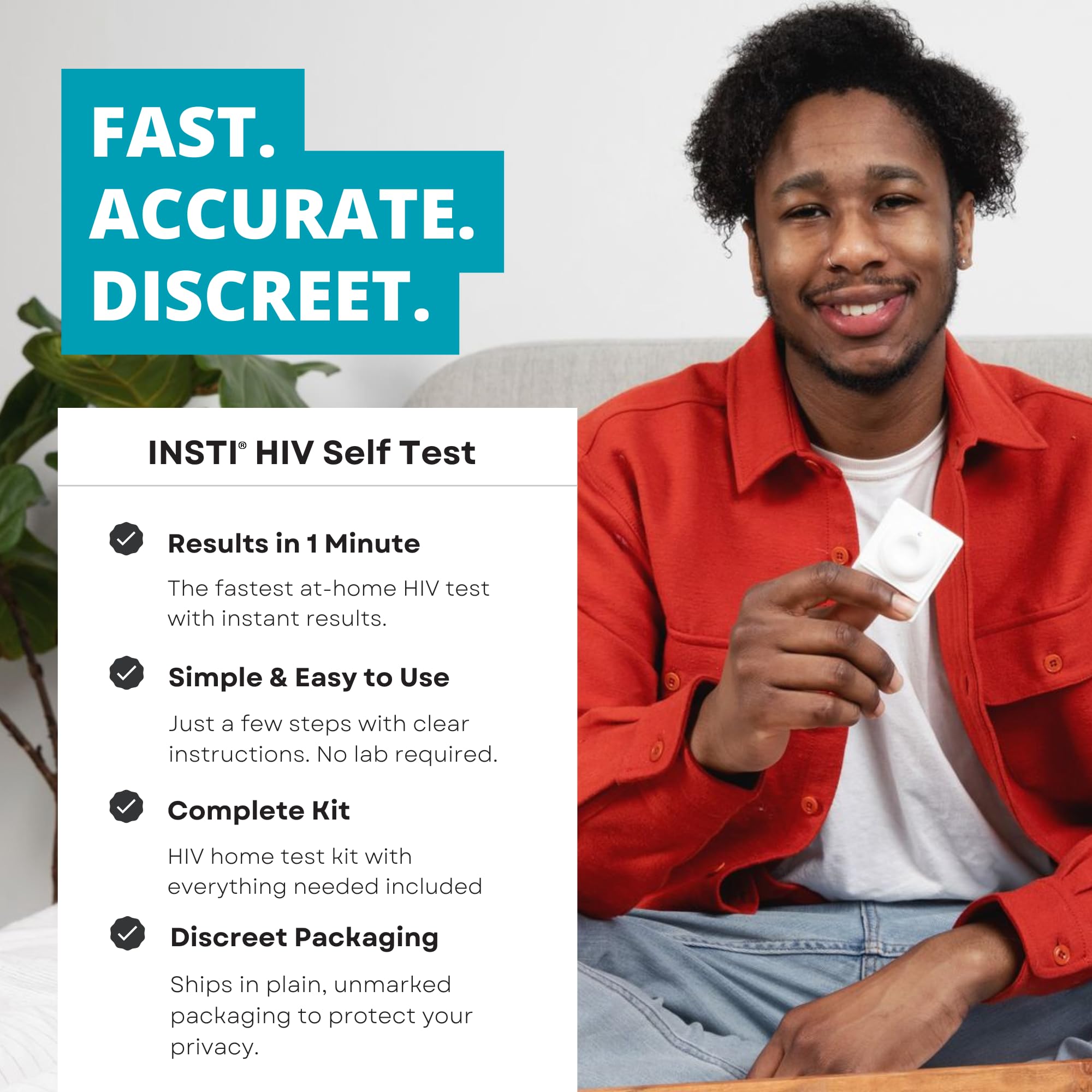 INSTI HIV Self Test setup shows finger-prick sampling.
