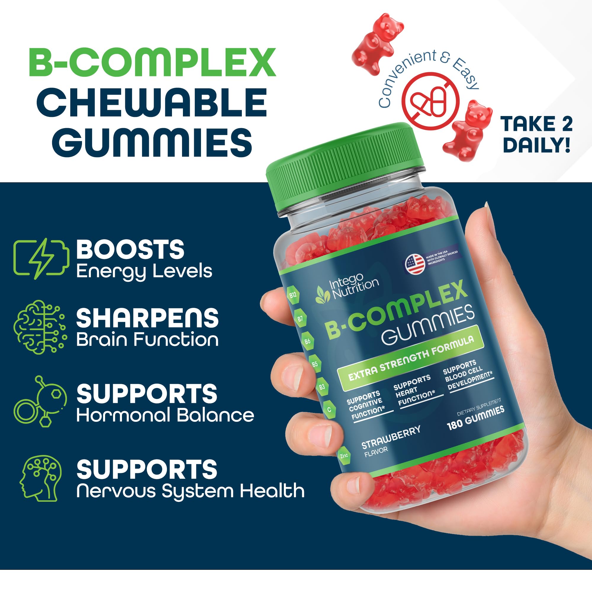 INTEGO Nutrition Vitamin B Complex Gummies label highlights daily values.
