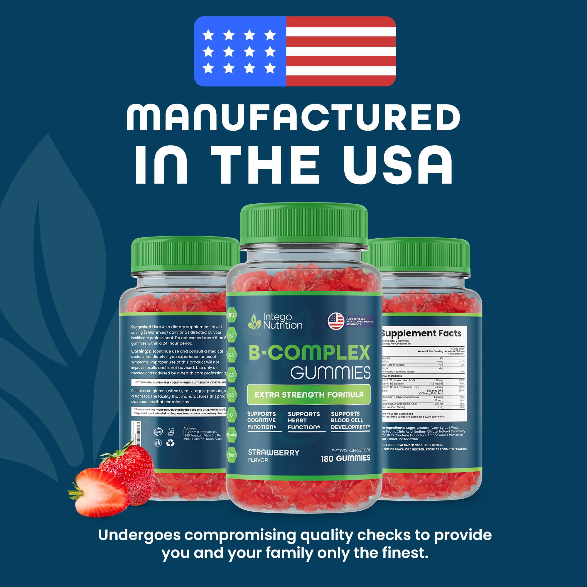 INTEGO Nutrition Vitamin B Complex Gummies 180-count packaging convenience.