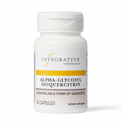 Integrative Therapeutics Alpha-Glycosyl Isoquercitrin bottle on shelf supports antioxidant pathways.
