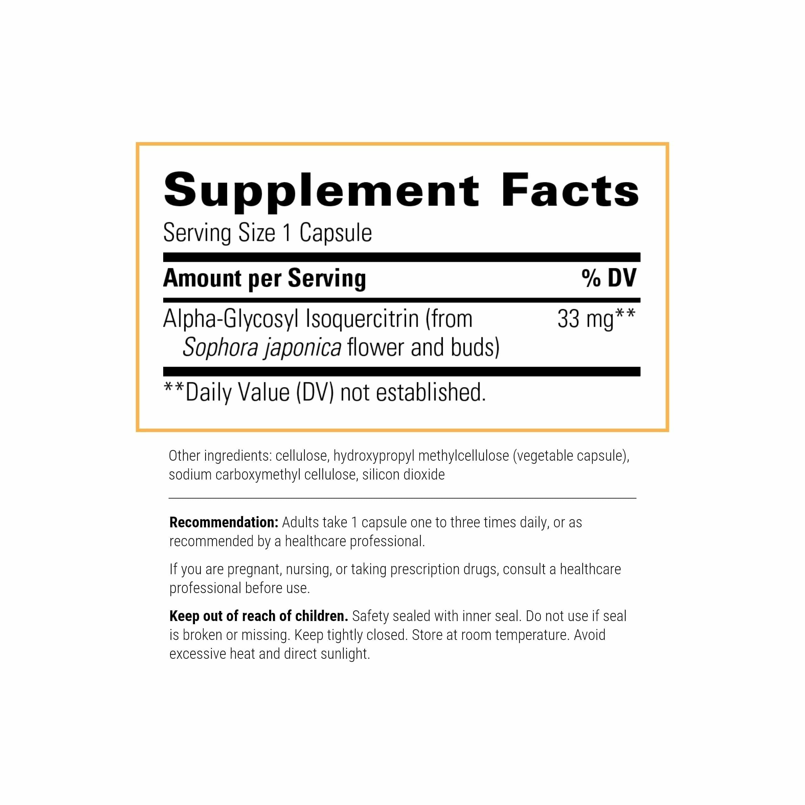 Integrative Therapeutics Alpha-Glycosyl Isoquercitrin label closeup highlights vegan formula.