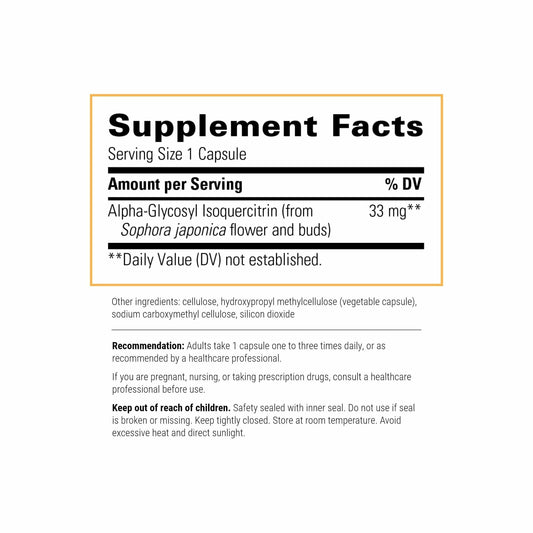 Integrative Therapeutics Alpha-Glycosyl Isoquercitrin label closeup highlights vegan formula.