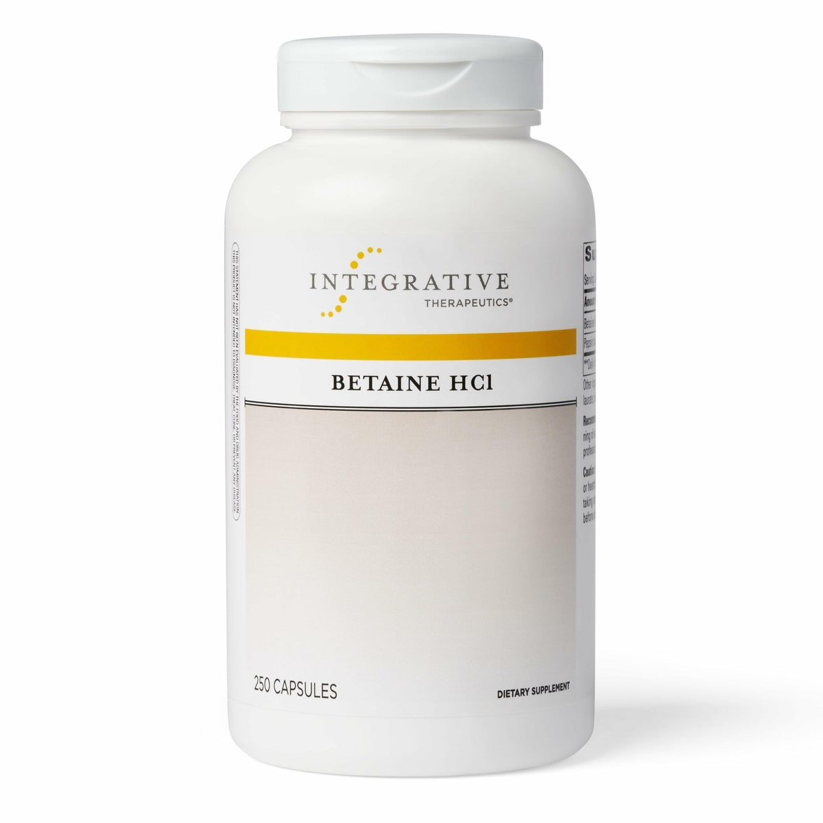 Integrative Therapeutics Betaine HCl bottle highlighting digestive support benefits