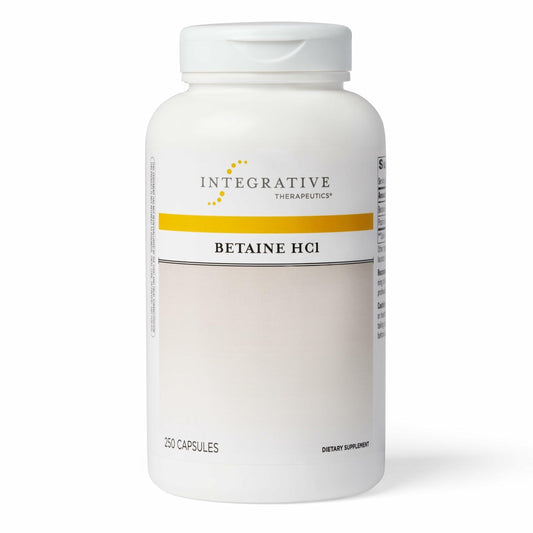 Integrative Therapeutics Betaine HCl bottle highlighting digestive support benefits