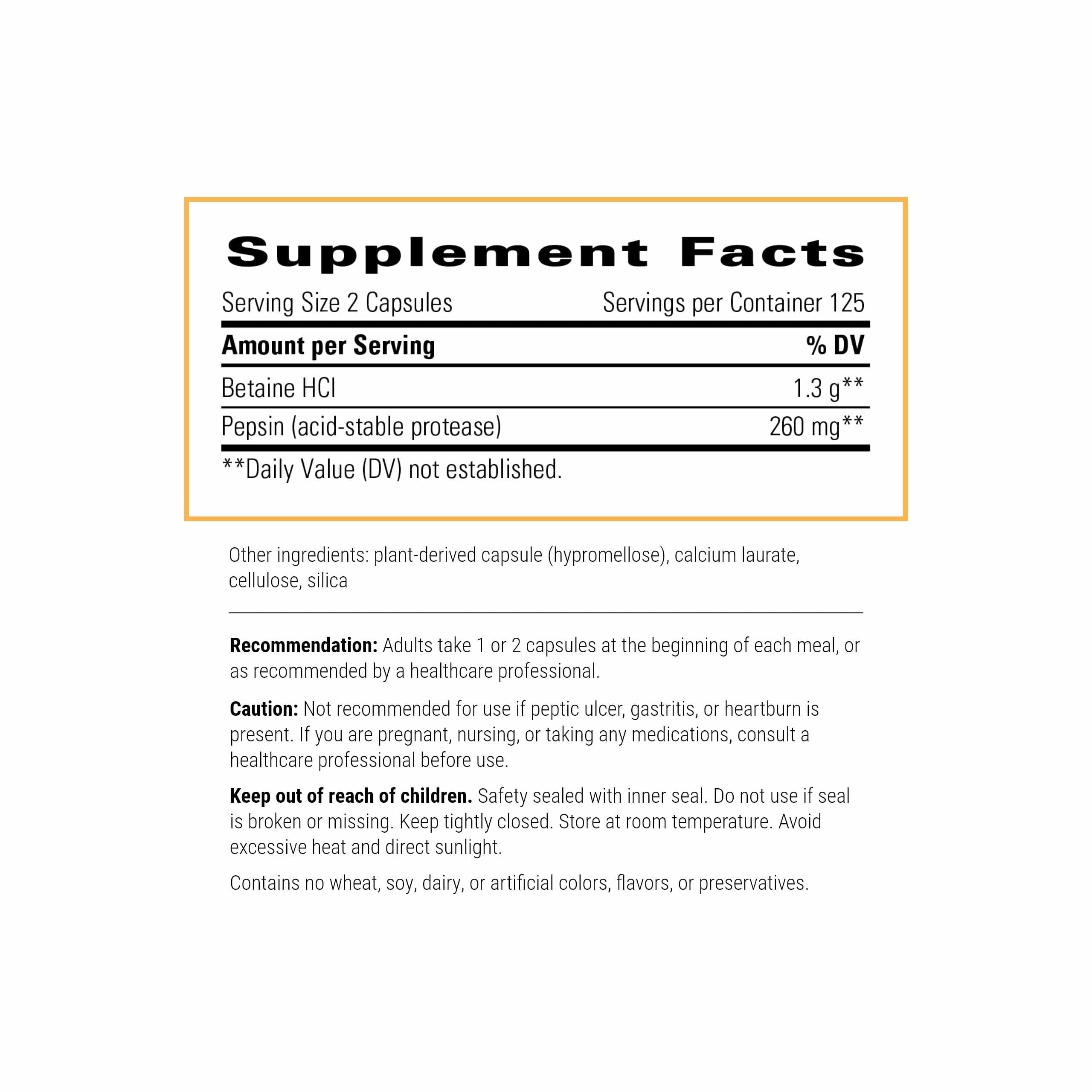 Close-up of the Betaine HCl label emphasizing product quality and transparency